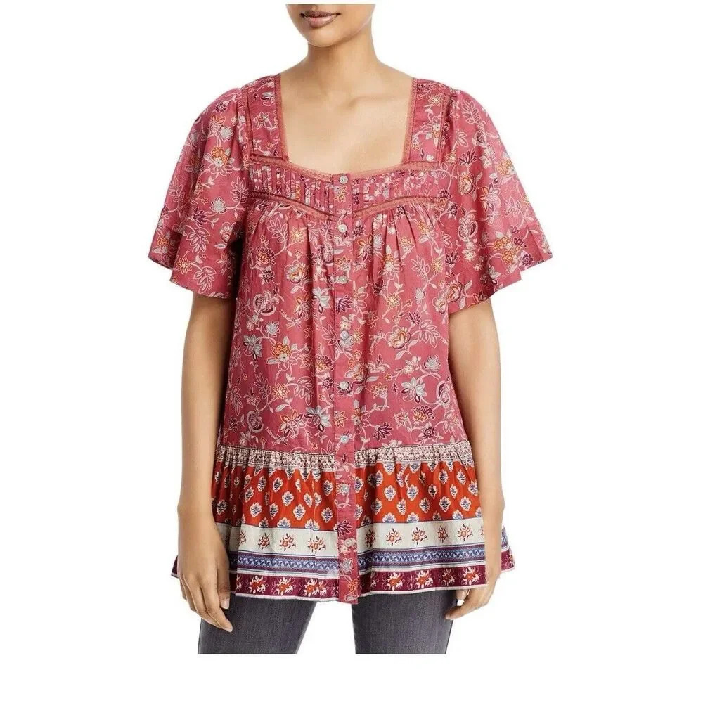 Beach Lunch Lounge Size Large Square Neck Button Down‎ Top Cotton Boho Tunic